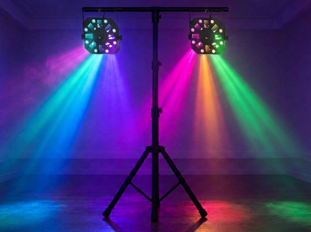 Elias ljusrigg med två Chauvet DJ Swarm 5 FX sprider färgat ljus i ett rum