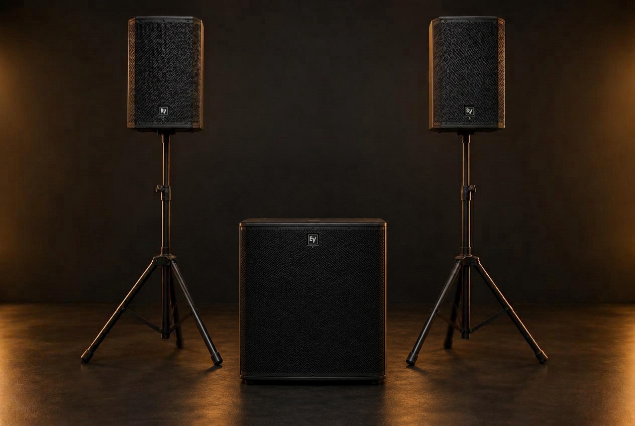 Två Electro-Voice-topphögtalare på stativ och en stor 18-tums subwoofer